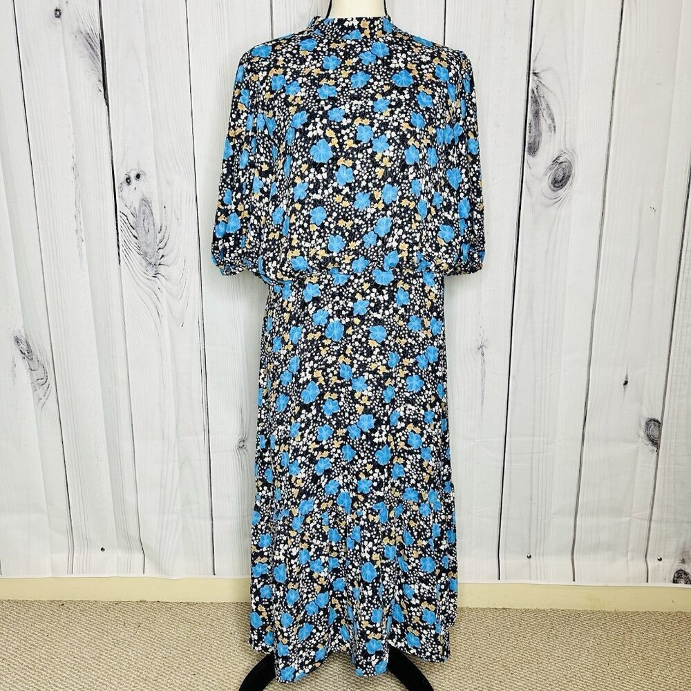NWT Ann Taylor Blouson Midi Dress Navy Floral Sz 14 Short Sleeve Lined